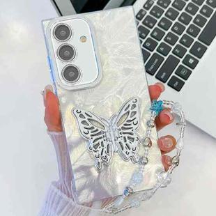 For Samsung Galaxy S24 FE 5G Plating Glitter Lens Film Texture Butterfly Holder Wristband Phone Case(White Feathers)