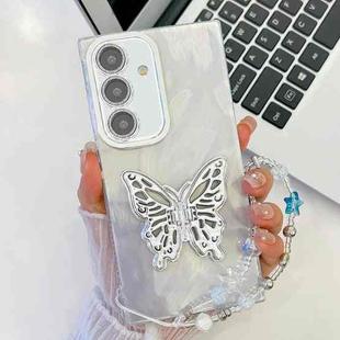 For Samsung Galaxy S24 FE 5G Plating Glitter Lens Film Texture Butterfly Holder Wristband Phone Case(White Feather Yarn)