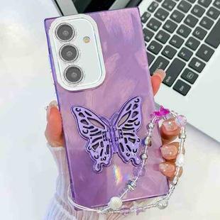 For Samsung Galaxy S24 FE 5G Plating Glitter Lens Film Texture Butterfly Holder Wristband Phone Case(Purple Feather Yarn)