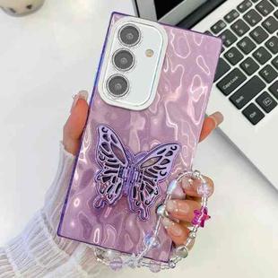 For Samsung Galaxy S24 FE 5G Plating Glitter Lens Film Texture Butterfly Holder Wristband Phone Case(Purple Wrinkles)