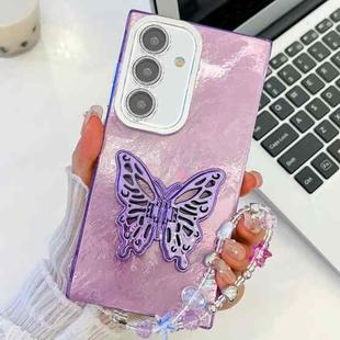 For Samsung Galaxy S24 FE 5G Plating Glitter Lens Film Texture Butterfly Holder Wristband Phone Case(Purple Tinfoil Texture)