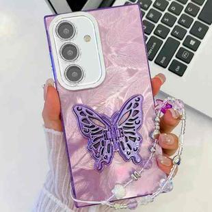 For Samsung Galaxy A15 5G Plating Glitter Lens Film Texture Butterfly Holder Wristband Phone Case(Purple Feathers)