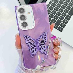 For Samsung Galaxy A15 5G Plating Glitter Lens Film Texture Butterfly Holder Wristband Phone Case(Purple Feather Yarn)