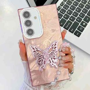 For Samsung Galaxy A35 5G Plating Glitter Lens Film Texture Butterfly Holder Wristband Phone Case(Pink Feathers)