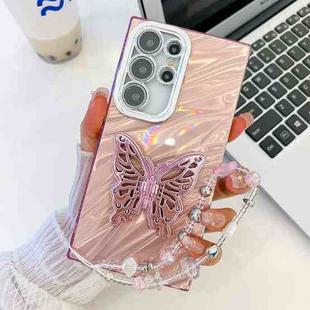 For Samsung Galaxy S24 Ultra 5G Plating Glitter Lens Film Texture Butterfly Holder Wristband Phone Case(Pink Water Ripples)