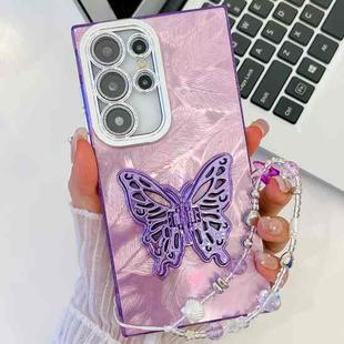 For Samsung Galaxy S24 Ultra 5G Plating Glitter Lens Film Texture Butterfly Holder Wristband Phone Case(Purple Feathers)