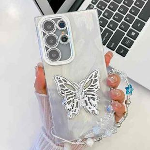 For Samsung Galaxy S24 Ultra 5G Plating Glitter Lens Film Texture Butterfly Holder Wristband Phone Case(White Feather Yarn)