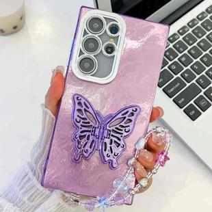 For Samsung Galaxy S24 Ultra 5G Plating Glitter Lens Film Texture Butterfly Holder Wristband Phone Case(Purple Tinfoil Texture)