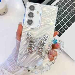 For Samsung Galaxy S24+ 5G Plating Glitter Lens Film Texture Butterfly Holder Wristband Phone Case(White Water Ripples)