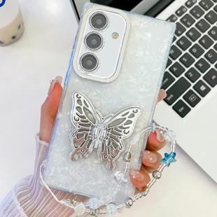 For Samsung Galaxy S24+ 5G Plating Glitter Lens Film Texture Butterfly Holder Wristband Phone Case(White Shell Pattern)