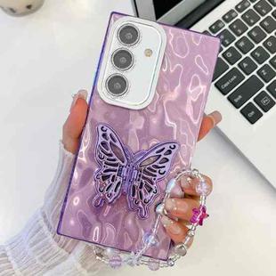 For Samsung Galaxy S24+ 5G Plating Glitter Lens Film Texture Butterfly Holder Wristband Phone Case(Purple Wrinkles)