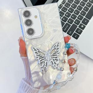 For Samsung Galaxy S24 5G Plating Glitter Lens Film Texture Butterfly Holder Wristband Phone Case(White Feathers)