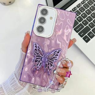 For Samsung Galaxy S24 5G Plating Glitter Lens Film Texture Butterfly Holder Wristband Phone Case(Purple Wrinkles)