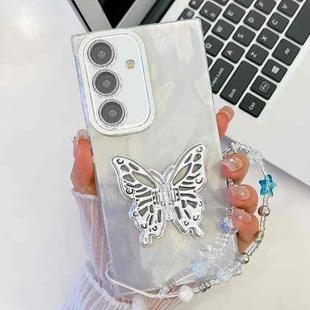 For Samsung Galaxy A25 5G Plating Glitter Lens Film Texture Butterfly Holder Wristband Phone Case(White Feather Yarn)