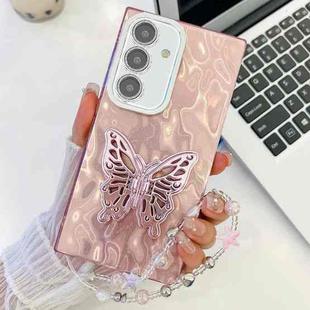 For Samsung Galaxy A25 5G Plating Glitter Lens Film Texture Butterfly Holder Wristband Phone Case(Pink Wrinkles)