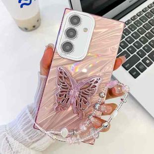 For Samsung Galaxy S25 5G Plating Glitter Lens Film Texture Butterfly Holder Wristband Phone Case(Pink Water Ripples)