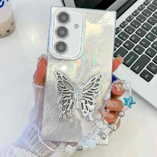 For Samsung Galaxy S25 5G Plating Glitter Lens Film Texture Butterfly Holder Wristband Phone Case(White Tinfoil Texture)