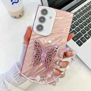 For Samsung Galaxy S25+ 5G Plating Glitter Lens Film Texture Butterfly Holder Wristband Phone Case(Pink Water Ripples)