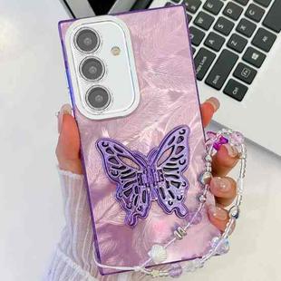 For Samsung Galaxy S25+ 5G Plating Glitter Lens Film Texture Butterfly Holder Wristband Phone Case(Purple Feathers)