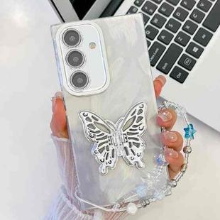For Samsung Galaxy S25+ 5G Plating Glitter Lens Film Texture Butterfly Holder Wristband Phone Case(White Feather Yarn)