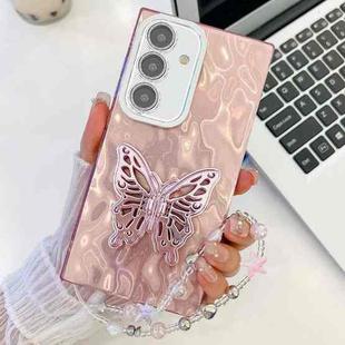 For Samsung Galaxy S25+ 5G Plating Glitter Lens Film Texture Butterfly Holder Wristband Phone Case(Pink Wrinkles)