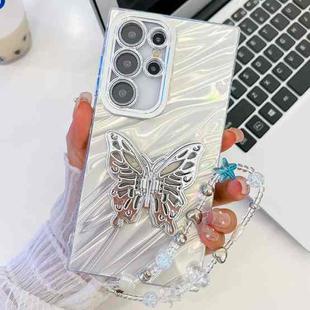 For Samsung Galaxy S25 Ultra 5G Plating Glitter Lens Film Texture Butterfly Holder Wristband Phone Case(White Water Ripples)