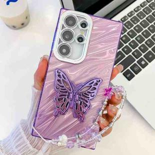 For Samsung Galaxy S25 Ultra 5G Plating Glitter Lens Film Texture Butterfly Holder Wristband Phone Case(Purple Water Ripples)