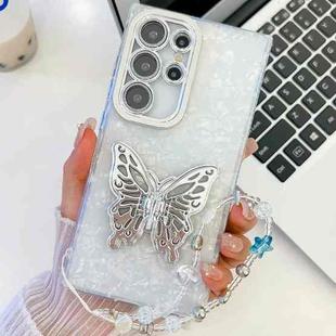 For Samsung Galaxy S25 Ultra 5G Plating Glitter Lens Film Texture Butterfly Holder Wristband Phone Case(White Shell Pattern)