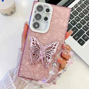 For Samsung Galaxy S25 Ultra 5G Plating Glitter Lens Film Texture Butterfly Holder Wristband Phone Case(Pink Shell Pattern)