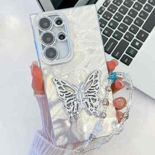 For Samsung Galaxy S25 Ultra 5G Plating Glitter Lens Film Texture Butterfly Holder Wristband Phone Case(White Feathers)