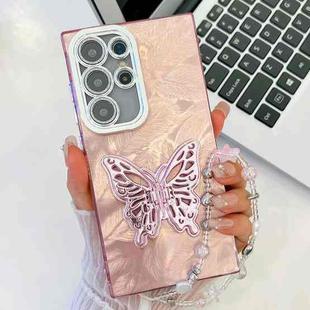 For Samsung Galaxy S25 Ultra 5G Plating Glitter Lens Film Texture Butterfly Holder Wristband Phone Case(Pink Feathers)