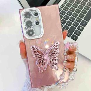 For Samsung Galaxy S25 Ultra 5G Plating Glitter Lens Film Texture Butterfly Holder Wristband Phone Case(Pink Feather Yarn)