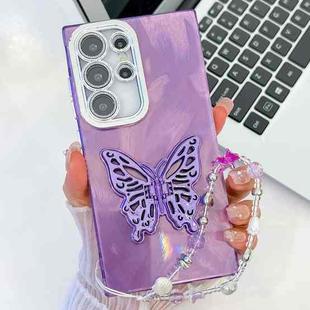 For Samsung Galaxy S25 Ultra 5G Plating Glitter Lens Film Texture Butterfly Holder Wristband Phone Case(Purple Feather Yarn)