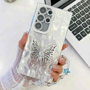 For Samsung Galaxy S25 Ultra 5G Plating Glitter Lens Film Texture Butterfly Holder Wristband Phone Case(White Wrinkles)