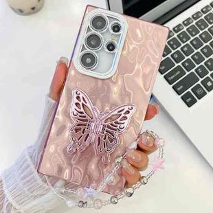 For Samsung Galaxy S25 Ultra 5G Plating Glitter Lens Film Texture Butterfly Holder Wristband Phone Case(Pink Wrinkles)