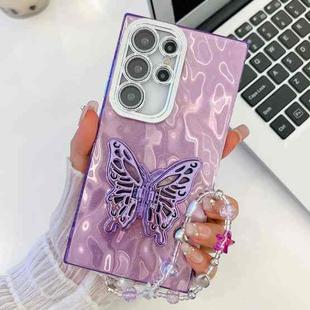 For Samsung Galaxy S25 Ultra 5G Plating Glitter Lens Film Texture Butterfly Holder Wristband Phone Case(Purple Wrinkles)