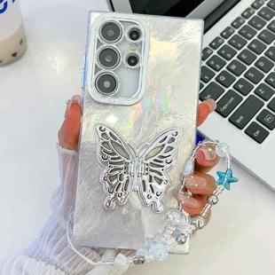 For Samsung Galaxy S25 Ultra 5G Plating Glitter Lens Film Texture Butterfly Holder Wristband Phone Case(White Tinfoil Texture)