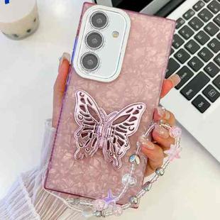 For Samsung Galaxy A36 5G Plating Glitter Lens Film Texture Butterfly Holder Wristband Phone Case(Pink Shell Pattern)