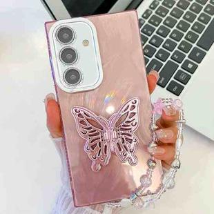 For Samsung Galaxy A16 5G Plating Glitter Lens Film Texture Butterfly Holder Wristband Phone Case(Pink Feather Yarn)
