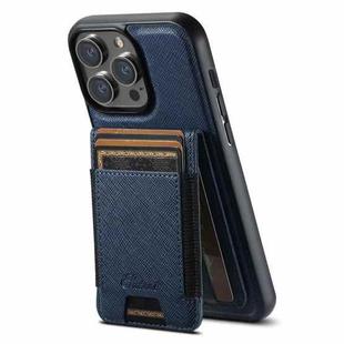 For iPhone 14 Pro Max Suteni H17 Cross Grain Leather MagSafe Detachable Wallet Phone Case(Blue)