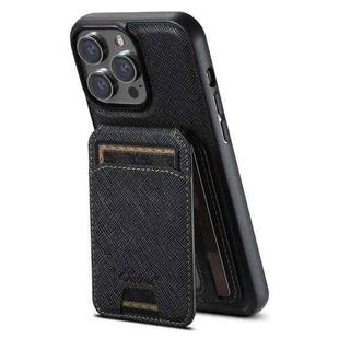 For iPhone 16 Pro Max Suteni H18 Cross Grain MagSafe Wallet Leather Phone Case(Black)