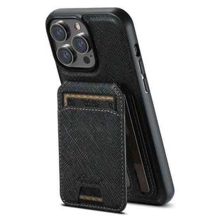 For iPhone 15 Pro Max Suteni H18 Cross Grain MagSafe Wallet Leather Phone Case(Black)