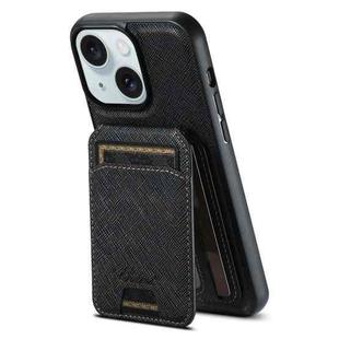 For iPhone 15 Plus Suteni H18 Cross Grain MagSafe Wallet Leather Phone Case(Black)