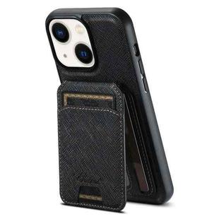 For iPhone 14 Suteni H18 Cross Grain MagSafe Wallet Leather Phone Case(Black)