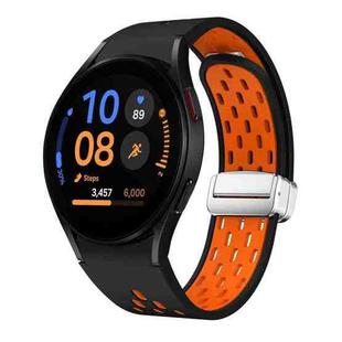 For Samsung Galaxy Watch FE 40mm Two Color Magnetic Folding Silver Buckle Silicone Watch Band(Black Orange)