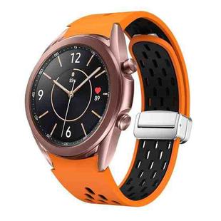 For Samsung Galaxy Watch 3 41mm Two Color Magnetic Folding Silver Buckle Silicone Watch Band(Orange Black)