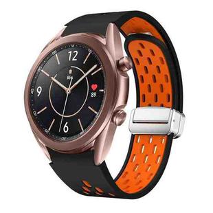 For Samsung Galaxy Watch 3 41mm Two Color Magnetic Folding Silver Buckle Silicone Watch Band(Black Orange)