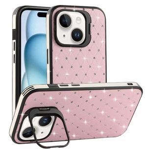 For iPhone 15 Starry Bling Diamonds Lens Holder Phone Case(Pink)