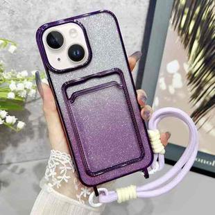 For iPhone 15 Plus Plating Gradient Glitter TPU Phone Case with Card Slot & Strap(Purple)