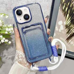 For iPhone 15 Plating Gradient Glitter TPU Phone Case with Card Slot & Strap(Blue)